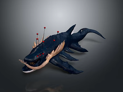 Fierce Black Mythical Creature With Antler Like Spikes Red Dots Open Mouth And Sharp Fangs 3d model