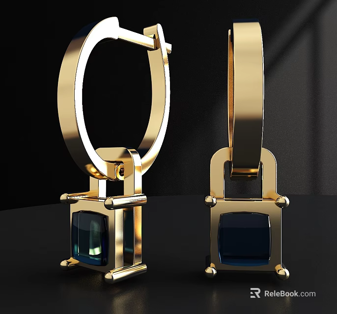 Modern Gold Earrings With Square Dark Gemstone And Metallic Frame Design 3d model 
