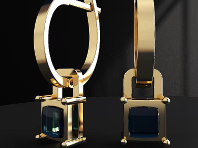 Modern Gold Earrings With Square Dark Gemstone And Metallic Frame Design 3d model