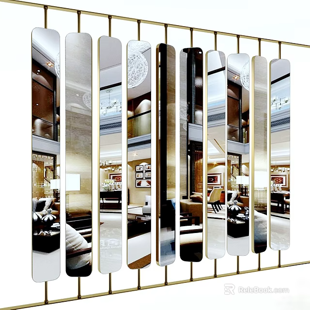Modern Mirrored Paneled Room Divider With Metal Frame For Elegant Interior Space 3d model 