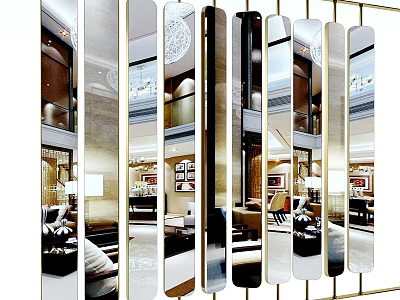 Modern Mirrored Paneled Room Divider With Metal Frame For Elegant Interior Space 3d model