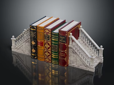Vintage White Staircase Design Bookshelf With Colorful Decorative Books And Carved Railings 3d model