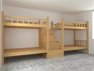 Wooden Bunk Beds with Staircase and Guardrails in Simple Kids Room Interior 3d model