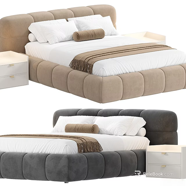 Double Bed in Background with Beige Gray Upholstered Headboard White Sheets Pillows Throw Blanket and Nightstand 3d model 