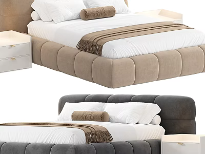 Double Bed in Background with Beige Gray Upholstered Headboard White Sheets Pillows Throw Blanket and Nightstand 3d model