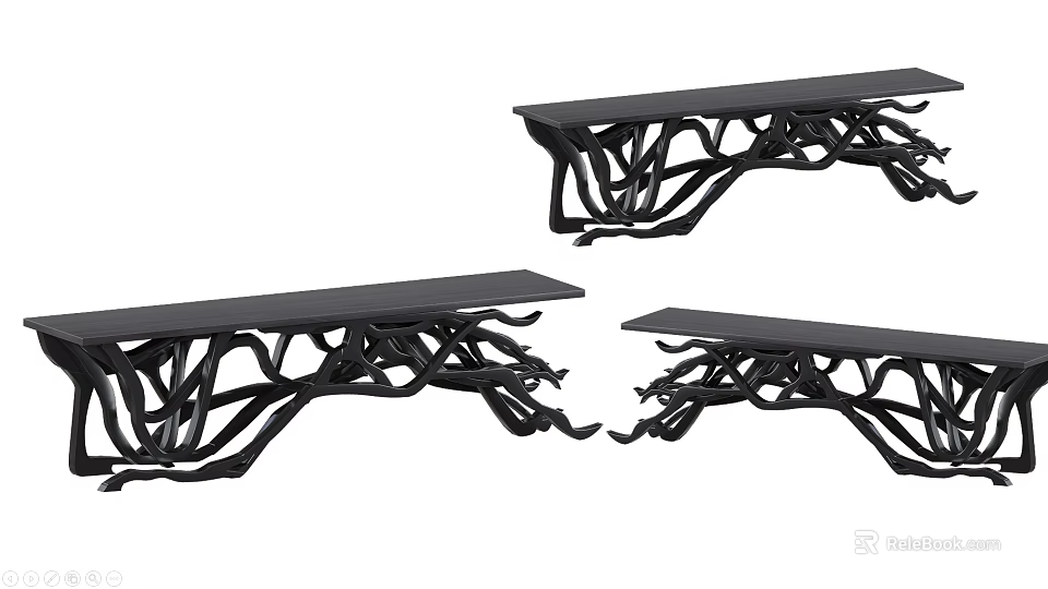 Three Black Benches Featuring Branch Like Legs Modern Furniture Design 3d model 