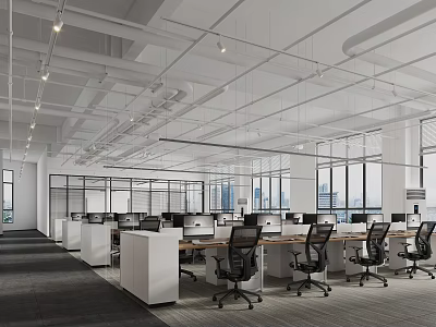 Modern Public Office Space With Open Layout White Desks Black Chairs Large Windows City View 3d model