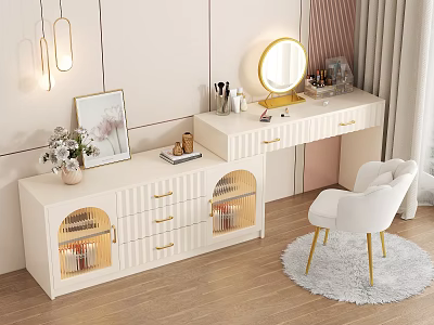 Modern White Dressing Table With Glass Door Drawers Round Mirror And Decorative Chair 3d model