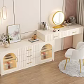 Modern White Dressing Table With Glass Door Drawers Round Mirror And Decorative Chair