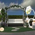 Modern Outdoor Bar With Greenery Archway Bench Hexagonal Display Stand Round Lights And Stone Path 3d model