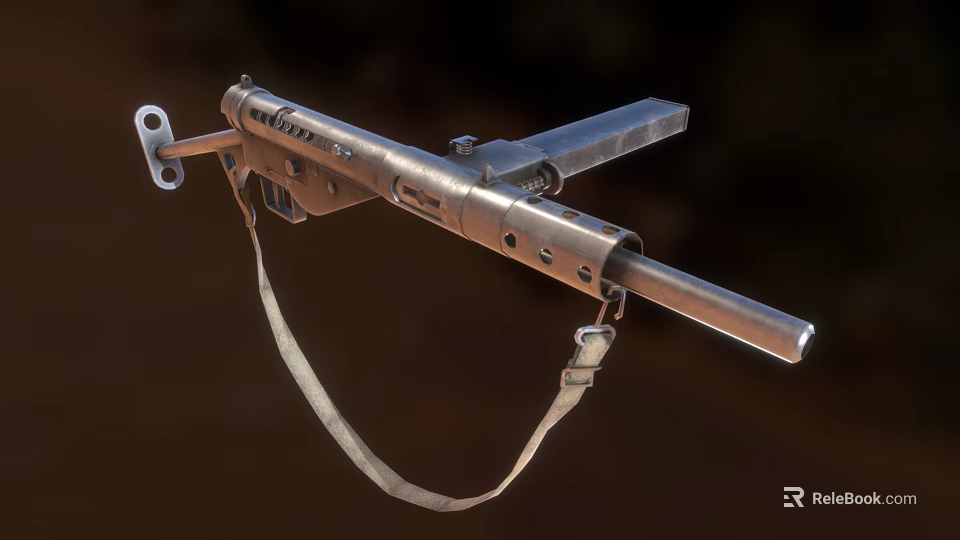 Classic Vintage Submachine Gun with Metallic Body and Leather Shoulder Strap 3d model