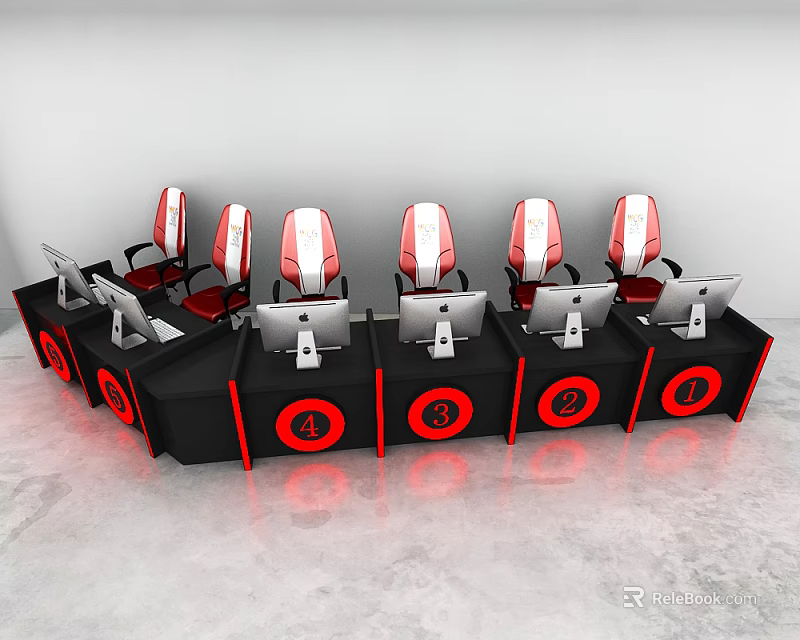 Modern Gaming Entertainment Tables With Black Finish Red Circular Accents And White Red Chairs 3d model 