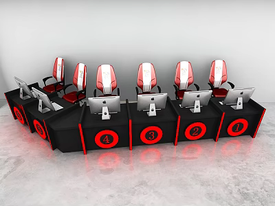 Modern Gaming Entertainment Tables With Black Finish Red Circular Accents And White Red Chairs 3d model
