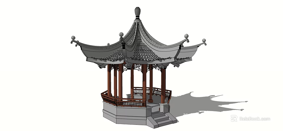 Traditional Chinese Pavilion With Curved Eaves Tiled Roof Wooden Pillars And Railing Steps 3d model 