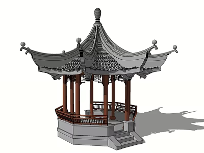 Traditional Chinese Pavilion With Curved Eaves Tiled Roof Wooden Pillars And Railing Steps 3d model