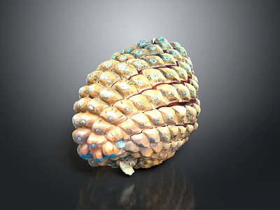 Vibrant Pine Cone with Yellow and Blue Accents and Scaly Texture on Black Background 3d model