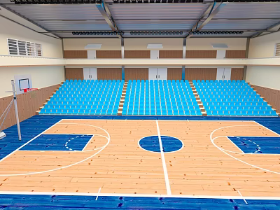 Indoor Basketball Gymnasium Interior With Wooden Court Blue Seats And Bleachers 3d model