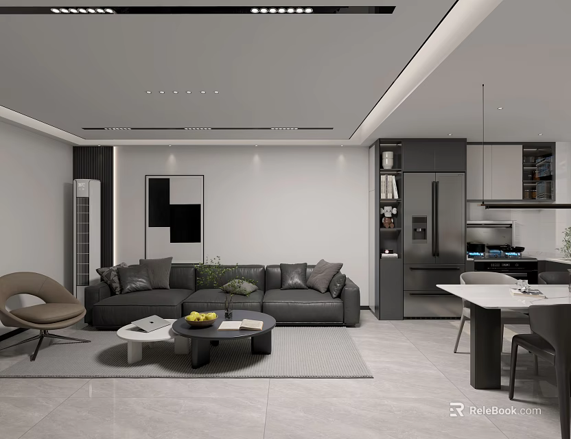 Modern Living and Dining Room Interior With Sofa Coffee Table Dining Table And Open Layout 3d model