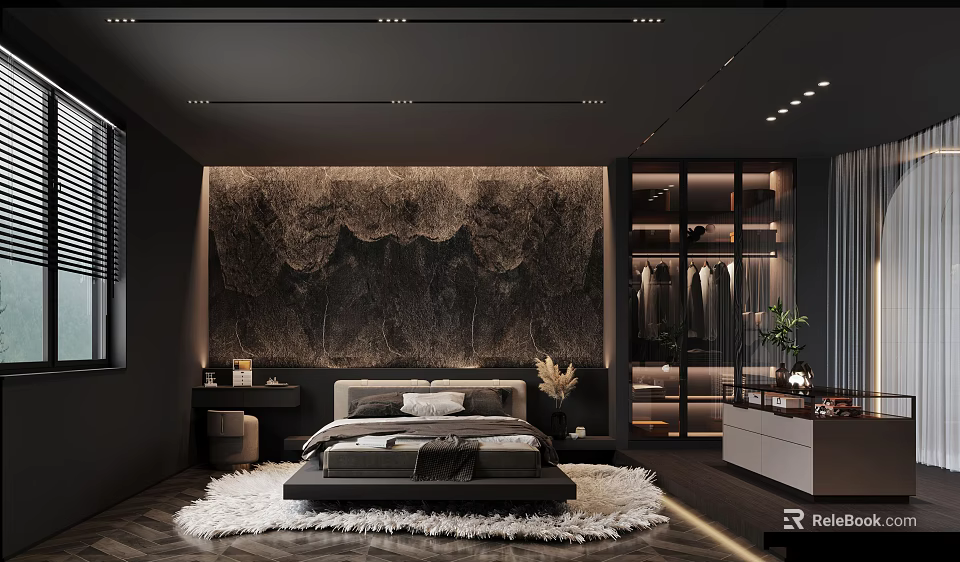Modern Luxury Bedroom Interior With Textured Wall Decor Fur Rug And Built In Wardrobe 3d model 