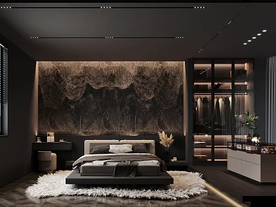 Modern Luxury Bedroom Interior With Textured Wall Decor Fur Rug And Built In Wardrobe 3d model