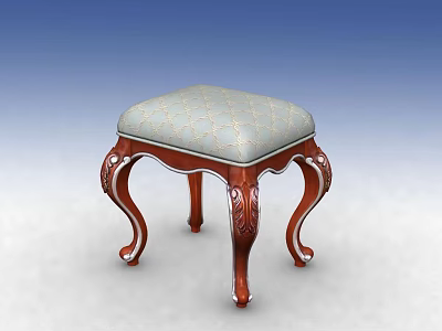 Traditional Wooden Stool With Carved Legs Light Blue Upholstered Seat And Ornate Details 3d model