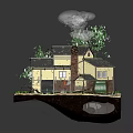 Rustic Cottage With Sloped Roof Chimney Windows And Green Trees On Dirt Ground