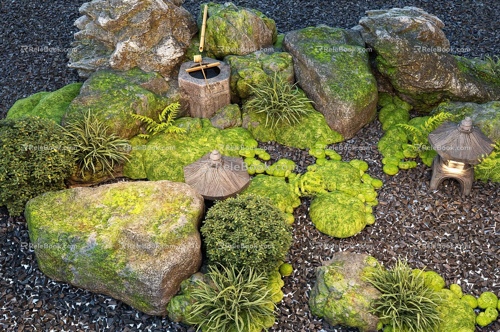 Japanese style courtyard landscape sketch stone landscape stone micro-terrain water portland green plant pile 3d model