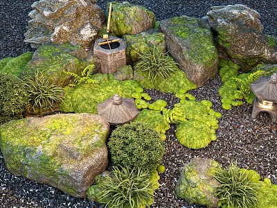 Japanese style courtyard landscape sketch stone landscape stone micro-terrain water portland green plant pile 3d model