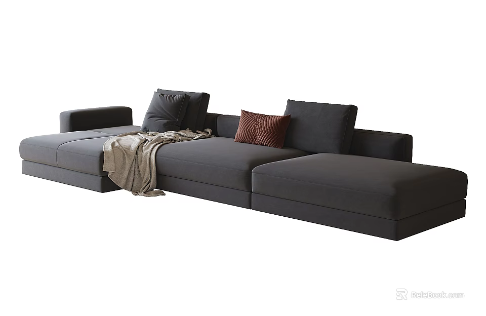 Elegant Modern Gray Sectional Sofa With Cozy Cushions And Throw Blanket 3d model
