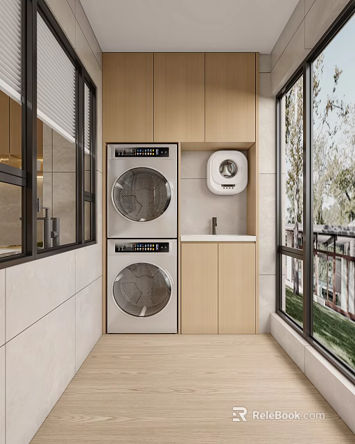 Home Balcony Interior With Stacked Washing Machine Dryer Wooden Cabinets Sink And Large Windows 3d model 