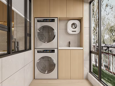 Home Balcony Interior With Stacked Washing Machine Dryer Wooden Cabinets Sink And Large Windows 3d model