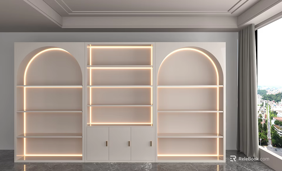 White Display Shelving Unit With Arched Design LED Lighting And Cabinet Doors 3d model 
