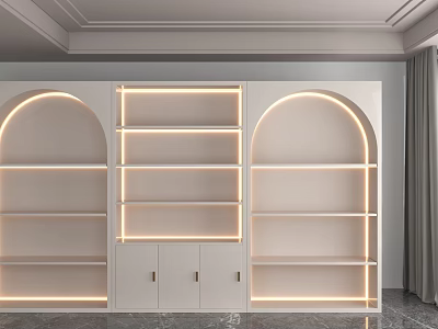 White Display Shelving Unit With Arched Design LED Lighting And Cabinet Doors 3d model