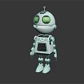 Silver Robot Character With Green Eyes Red Antenna And R2 Label Standing On Dark Background