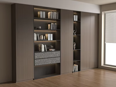 Modern Bookcase With Layered Shelves Storage Drawers Books And Decorative Items 3d model