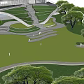 Modern Garden Landscape With Green Lawn Curved Pathways Geometric Structures And People Walking
