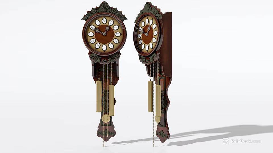 Vintage Wooden Wall Clocks with Intricate Carvings Golden Pendulums and Classic Design 3d model 