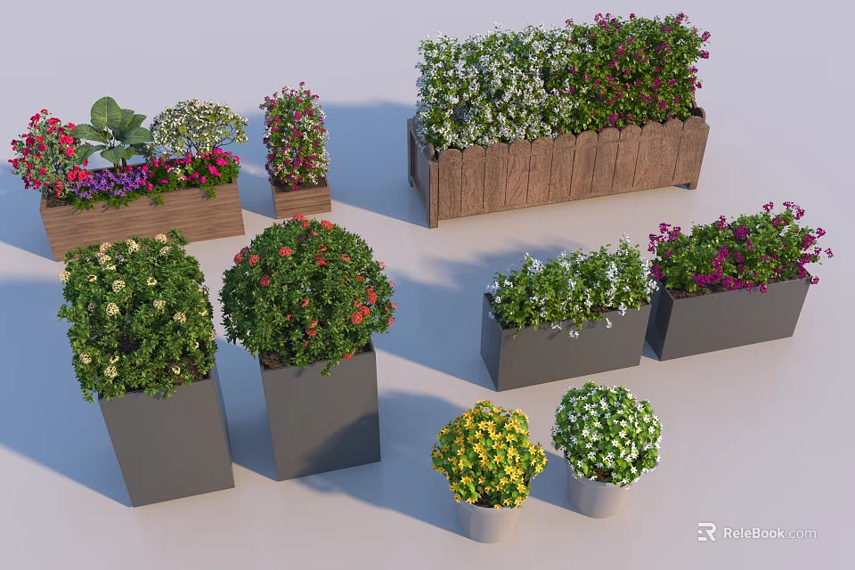 Various Potted Plants In Wooden And Gray Planters With Colorful Flowers 3d model 
