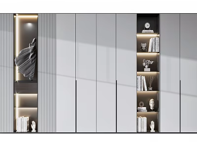 Modern Light Gray Bookcase Design With Built In Lighting And Decorative Shelves 3d model