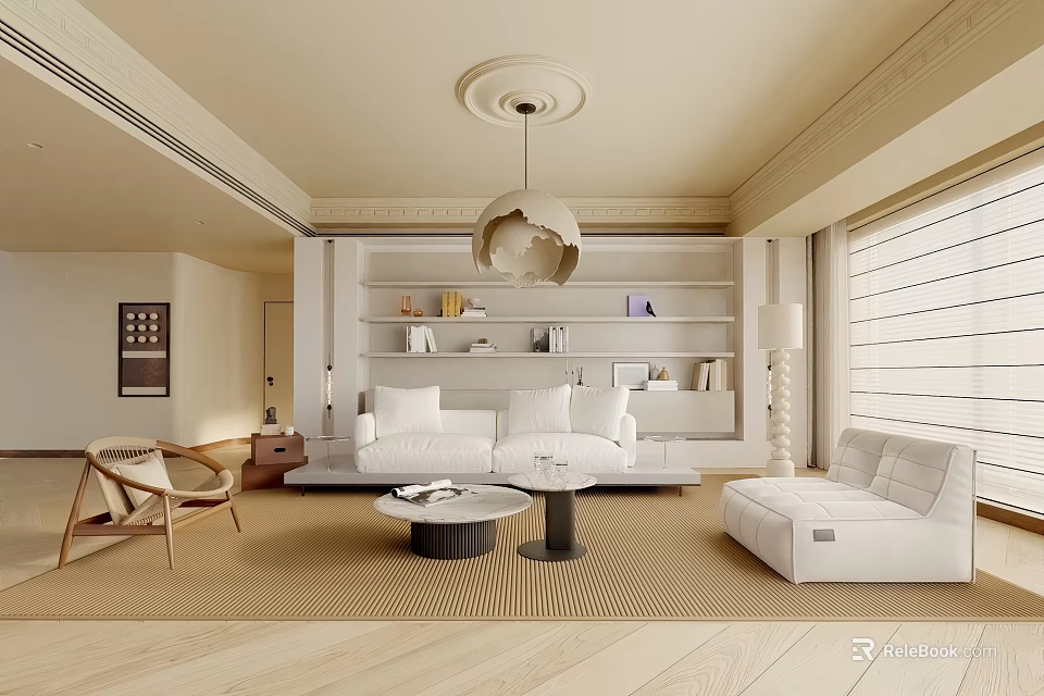 Modern Minimalist Living Room Interior With White Sofas Coffee Tables And Pendant Light 3d model 