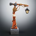 Vintage Outdoor Light Featuring Rope Wrapped Wooden Pole and Lantern Shade on Stone Base