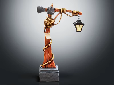 Vintage Outdoor Light Featuring Rope Wrapped Wooden Pole and Lantern Shade on Stone Base 3d model