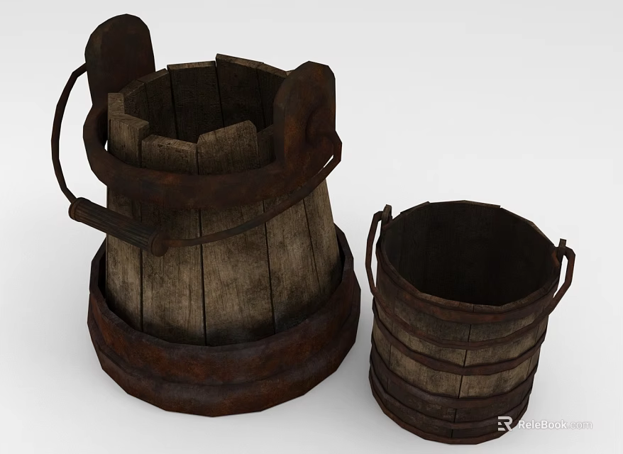 Vintage Wooden Barrels Decorative Ornament Set with Metal Hoops for Home Decor 3d model 