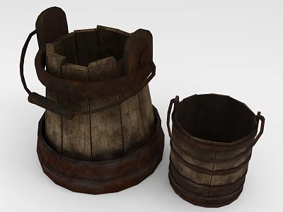 Vintage Wooden Barrels Decorative Ornament Set with Metal Hoops for Home Decor 3d model