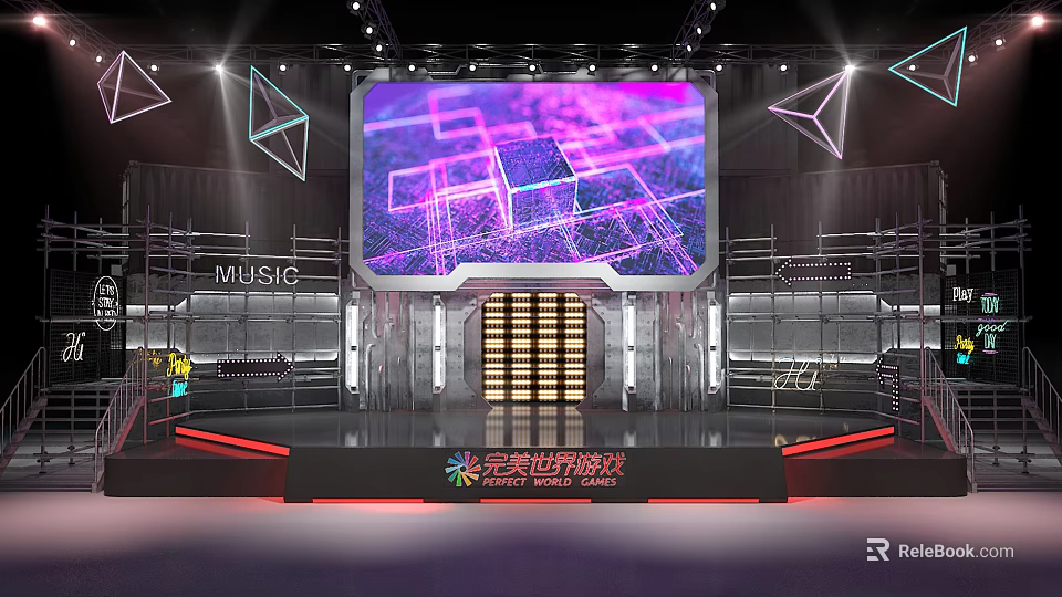 Modern Dance Hall Featuring Large Screen Geometric Patterns Stage And Dynamic Lighting Effects 3d model