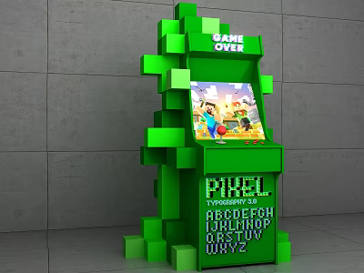 Interactive Zone Featuring Green Pixel Style Game Machine With Game Screen And Alphabet Letters 3d model