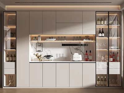 Modern Wine Cabinet Interior Design With Glass Doors LED Lighting And Wine Bottles 3d model