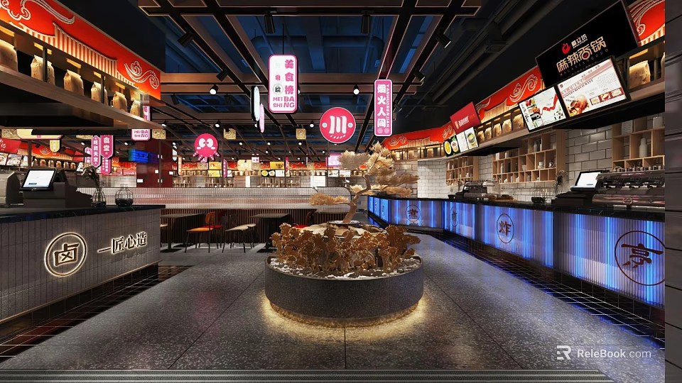 Modern Restaurant Interior With Central Decorative Plant Counter Seating And Hanging Signs 3d model 