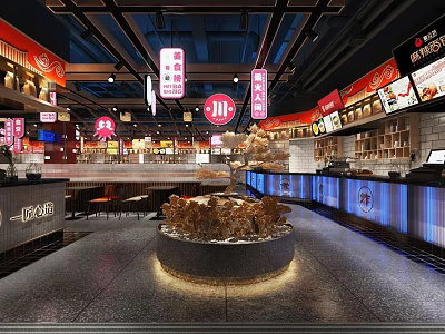 Modern Restaurant Interior With Central Decorative Plant Counter Seating And Hanging Signs 3d model