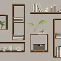 Wooden Wall Mounted Shelves With Books Decorations Plants And Radio